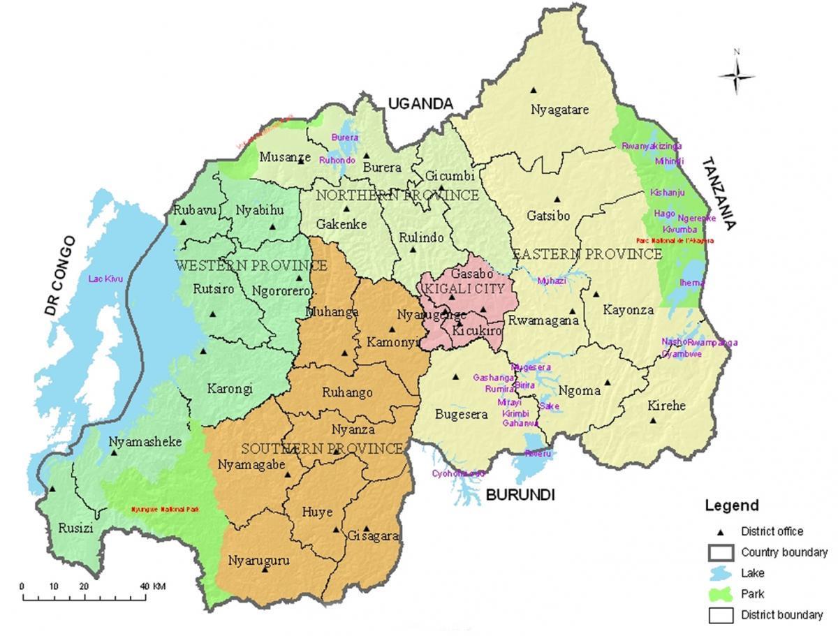 harta e Ruandës, me rrethe dhe sektorët